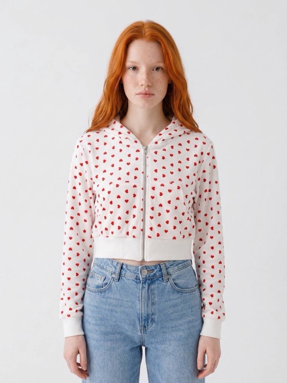 Cropped White Zip Hoodie with Red Heart Print